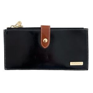ANDOILT Black Patent Leather Bifold Wallet 2 Zipper Flap & Snap 17 Card Slots